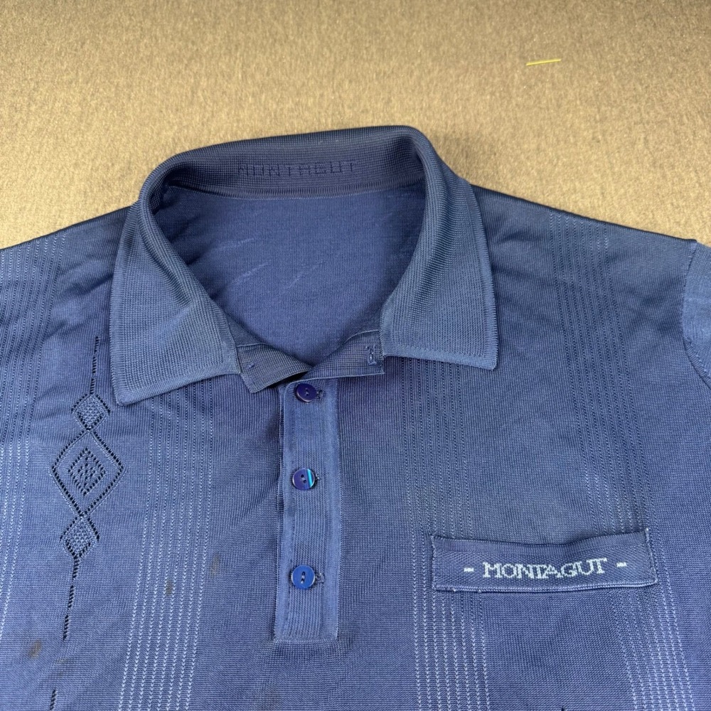 Montagut Mens Vintage Navy Blue Textured Knit Short Sleeve Polo Shirt XL